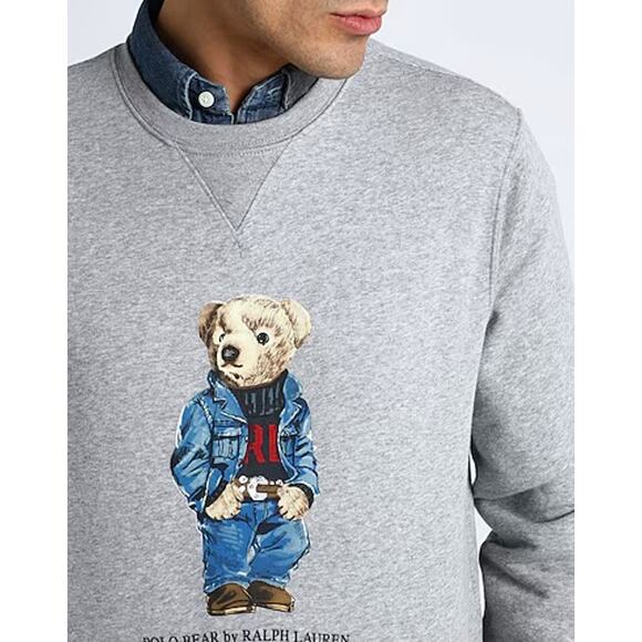 Ralph Lauren Polo Bear Logo Fleece Sweatshirt Crew Neck Heather Denim Bear Gray